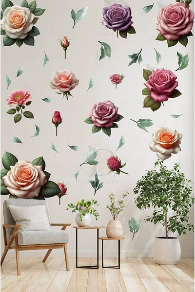 KT Decor Pastel Color Peony Flowers Wall Sticker Set