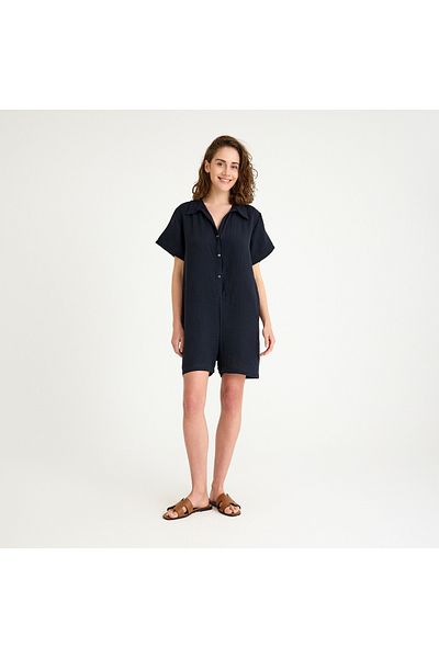 Miespiga 100% Cotton Woven Button Detailed Shirt Collar Muslin Shorts Jumpsuit