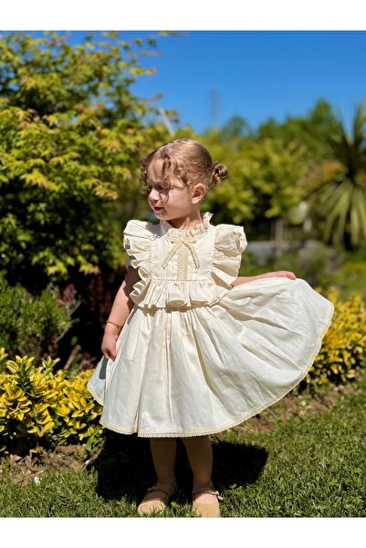 Linarookids Defne Krem Vintage Kız Bebek Elbise,Doğum günü elbise,fotoğraf çekim elbise,0-7 Yaş Uygun