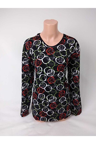 YAŞAR TRİKO تي شيرت نسائي أسود أخضر أحمر برقبة على شكل حرف U وأكمام طويلة منق...