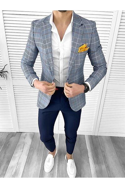 dehaine Sacou pentru barbati, slim fit, in carouri, 1041, albastru