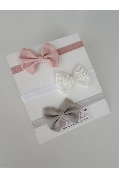 swan butik Baby Girl Kids Bandana Σετ αγκράφες 3 τεμαχίων σε σκόνη ροζ, λευκό, γκρι φιόγκο