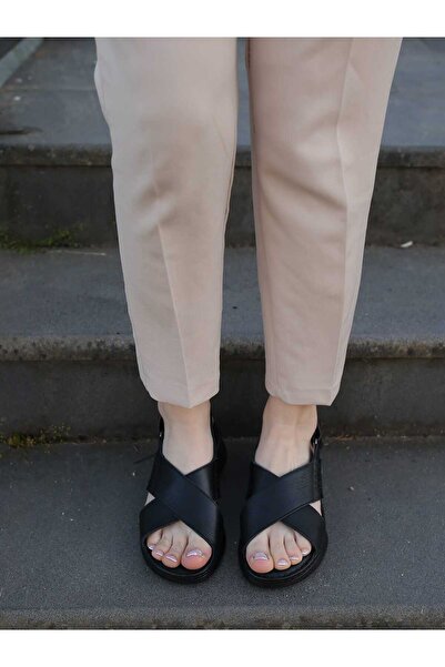 Mammamia 2275 Real Leather Saddler Detailed Velcro Strap Orthopedic Women's Sandals