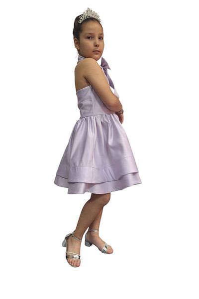 HEPSİMİNNAK Girl's Elegant Satin Bow Lilac Dress Evening Dress Graduation Dress