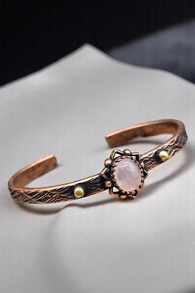 NBS Beautiful Naturel Stones Copper Bracelet (Pure) Adjustable Pink Quartz Stone Antique Unique Design (Evil Eye)