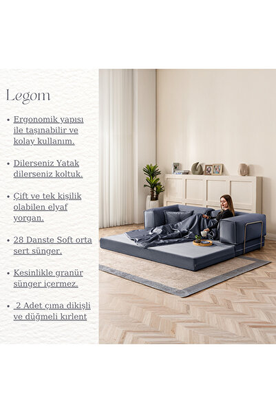 BRANNA HOME Legom 2 Kişilik Yorganlı Aktivite Koltuk & Açılabilir Yatak & Çok Amaçlı Modern & Sünger & Lacivert