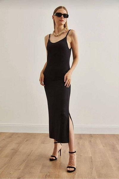 Butik Black Color Adjustable Rope Strap Side Mini Slit Daily Casual Dress