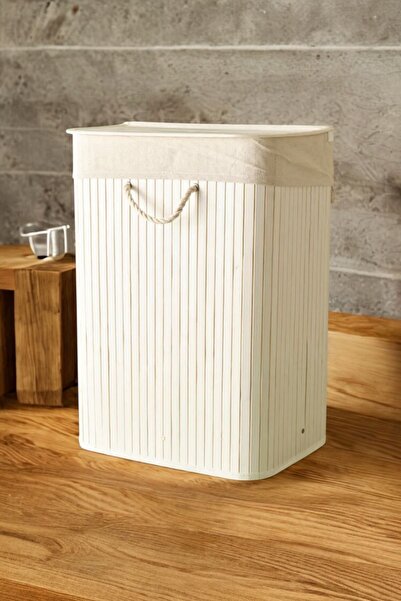Akkoyunlu home Bambu Katlanır Dikdörtgen Kirli Çamaşır Sepeti Beyaz 30x40x60