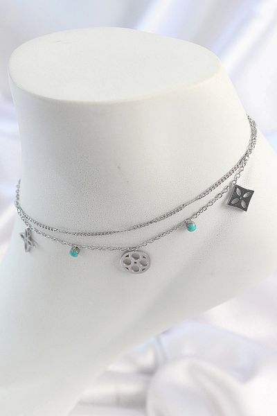 STOREMAX 316L Steel Silver Color 2 Piece Chain Dream Catcher Figure Blue Stone Detail Women's Anklet