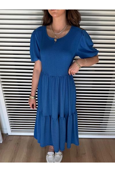 TİANA Women's Short Sleeve Open Collar Folded Twist Balloon Dress