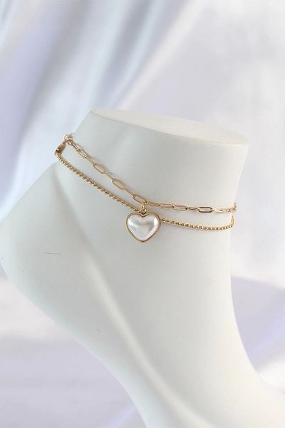 Clariss 316L Steel Gold Color White Heart 2 Piece Anklet