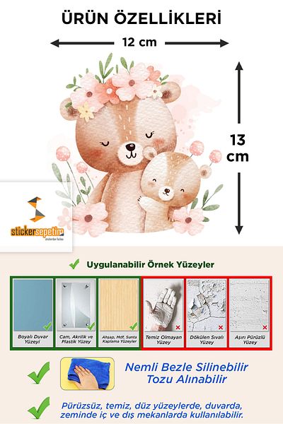 Sticker Sepetim Cute Mother and Baby Teddy Bear Flowers Kids Room Wall Sticker - Socket Sticker