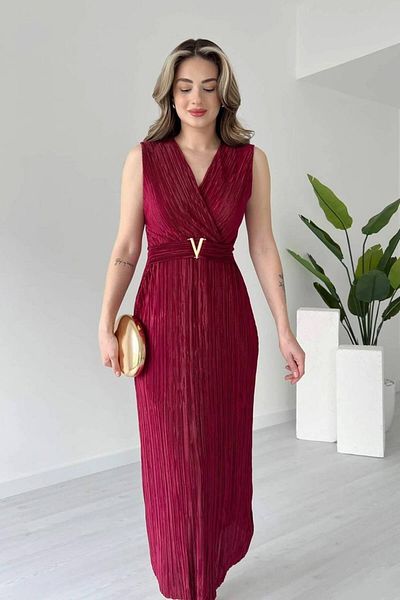 Varyete Double Breasted Collar V Crinkle Fabric Midi Dress with Metal Accessories