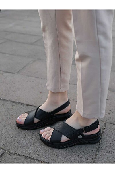 Mammamia 2275 Real Leather Saddler Detailed Velcro Strap Orthopedic Women's Sandals