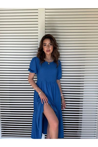 TİANA Women's Short Sleeve Open Collar Folded Twist Balloon Dress