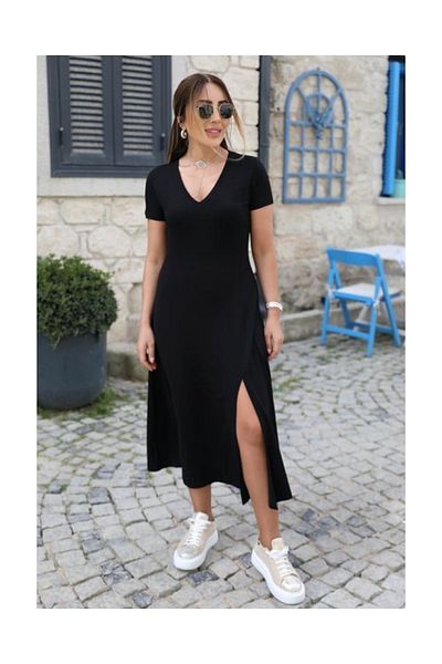 StilVibe Rochie de damă cu mânecă scurtă, cu decolteu în V, în față, cu o singură fantă, din viscoză