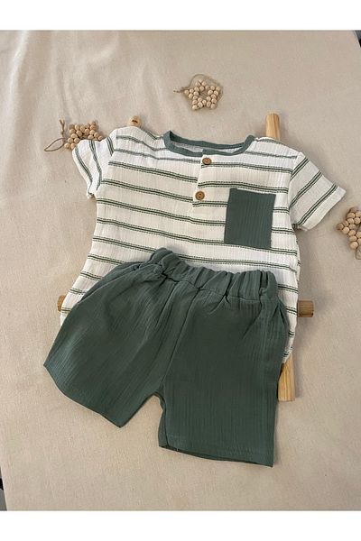 Balbadem baby kids Striped Pocket T-Shirt + Shorts Khaki Color 2-Piece Muslin Set 2-5 Years Old