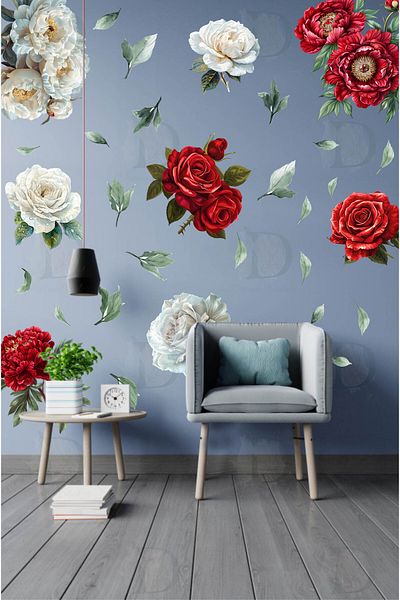 KT Decor Red White Peony Flowers Premium Wall Sticker Set