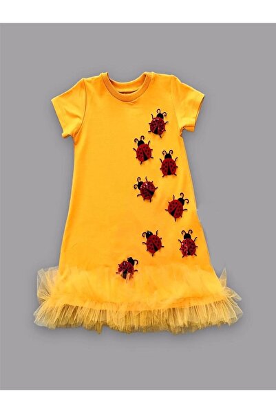 Draco 1-2-3 Years Old Ladybug Embroidered Ruffle End Girl's Gilet Dress Orange