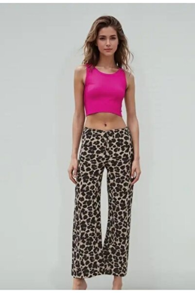 SSO Leopar Desenli Beli Lastikli Bol Paça Dekoratif Bağcık Detaylı Bürümcük Kumaş Pantolon