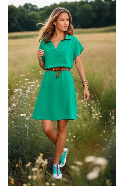 Pasaklı Giyim Women's Green Loose Cut Polo Neck Short Sleeve Casual Short Midi Dress Laptop 2883220