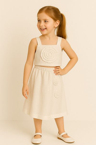 wakawakakidsstore Embossed Flower Detailed White Strap Crop Top and Skirt Girl's Set - Ecru