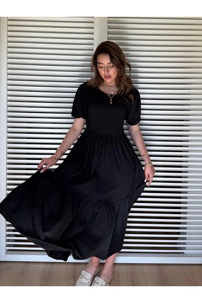nedo7 Women's Short Sleeve Open Collar Folded Twist Balloon Dress