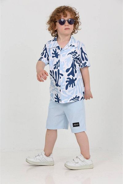 ARBİ kids Boy's Waffle Fabric Blue Shirt Shorts Suit Comfortable Fit Festive Ciks Suit
