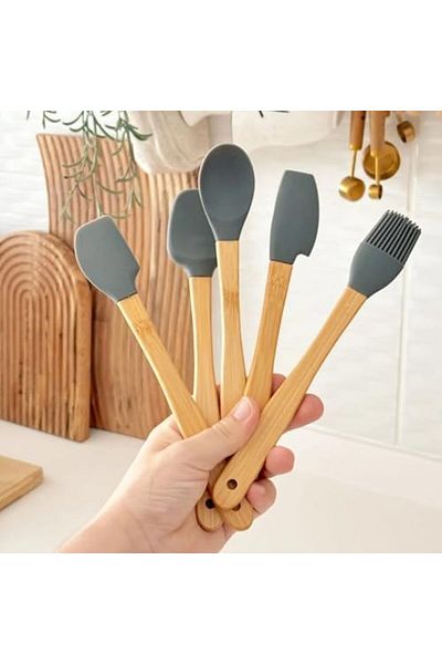 Mu Art Ahşap Mrt Bamboo Handle 5-Piece Silicone Kitchen Set – Heat Resistant Spatula, Spoon and Ladle Set