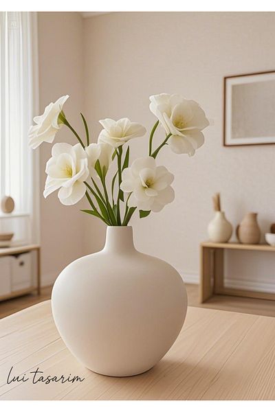 Lui Tasarım White Color Luna Vase Ceramic Handmade Trend Scandinavian 19*22*3 cm Bohemian Decoration