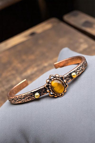NBS Beautiful Naturel Stones Copper Bracelet (Pure) Adjustable Tiger Stone Antique Unique Design (Evil Eye)