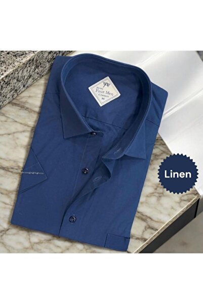 EREN STYLE Linen Lan Klasična muška košulja kratkih rukava tamnoplave boje (s...