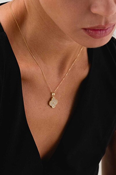 FERMAS KUYUMCULUK 14 Ayar Taşlı Yonca Charm Altın Kolye