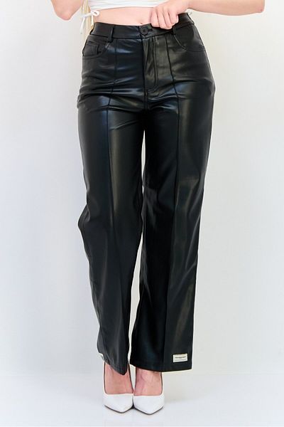 The Giving Movement Women Regular Fit Brand Logo Pleather Straight Leg Pants, Black