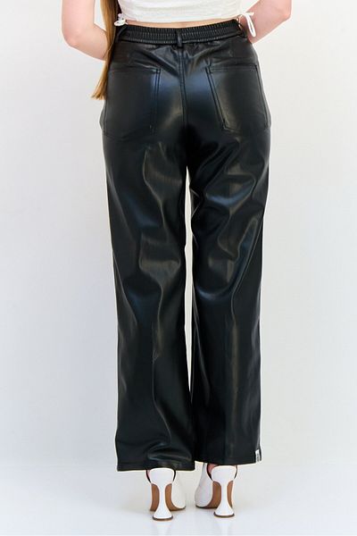 The Giving Movement Women Regular Fit Brand Logo Pleather Straight Leg Pants, Black