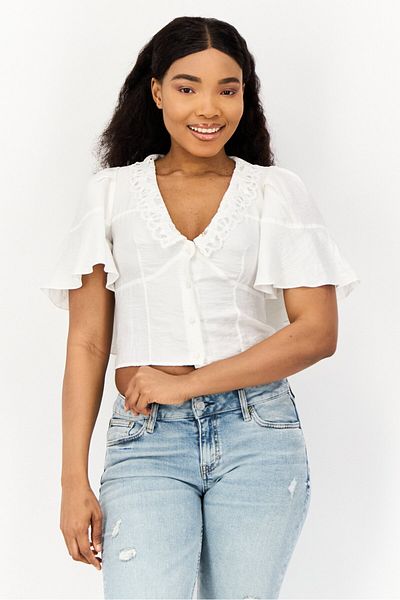 SANDRO Women V Neck Solid Cap Sleeves Blouse, White