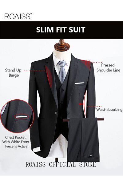 ROAISS 4pcs Suit Of Formal Clothes Men's Business Casual Coat Groomsman Suit Professional Dress Lapel Colla