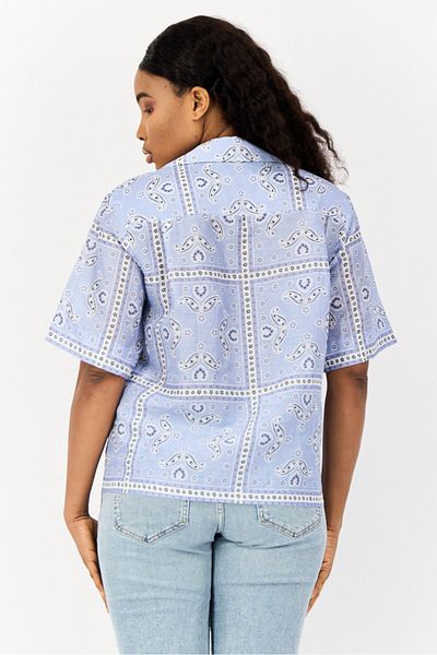 SANDRO Women Notched Collar Short Sleeves Paisley Print Shirt, Multicolor