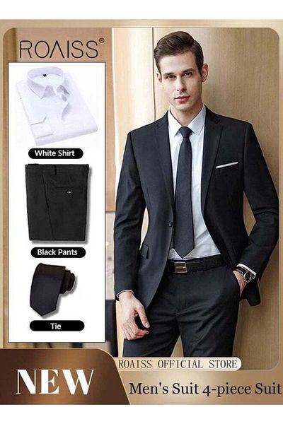 ROAISS 4PCS Suit of Formal Clothes Men's Business Casual Coat Groomsman Suit Professional Dress Lapel Colla