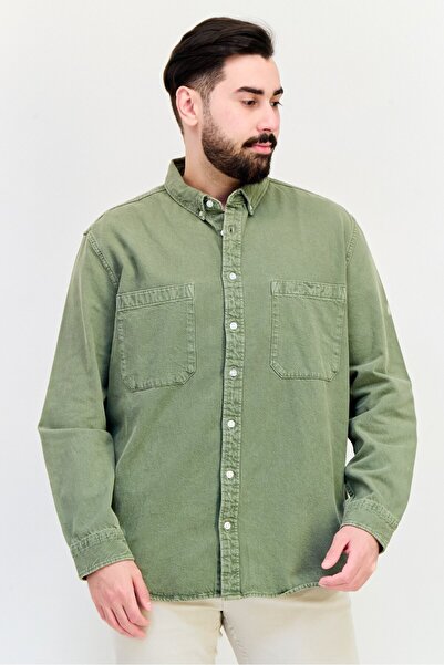 CELIO قميص جينز رجالي سادة بأكمام طويلة وقصة عادية، أخضر