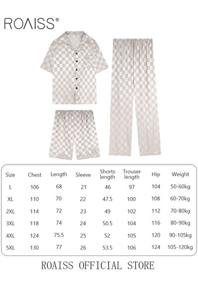 ROAISS 3-piece Set Men's Short Sleeves Pajamas Pants Trousers Sleepwear Sets Satin Grid Printing Silk Night