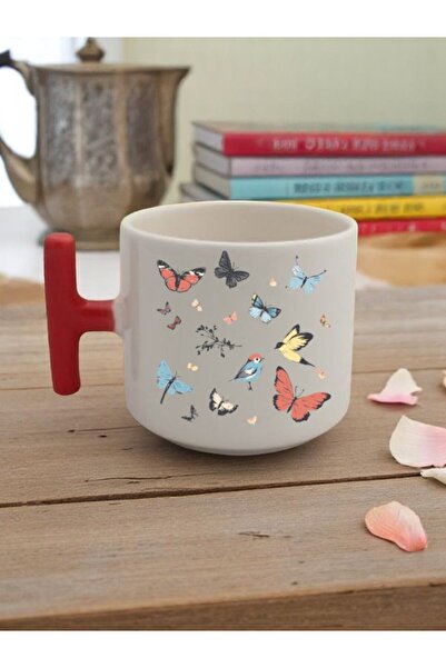 lili hediyelik Butterflies Printed 3-Piece Red Handled Mug Cup Gift Ceramic Mug