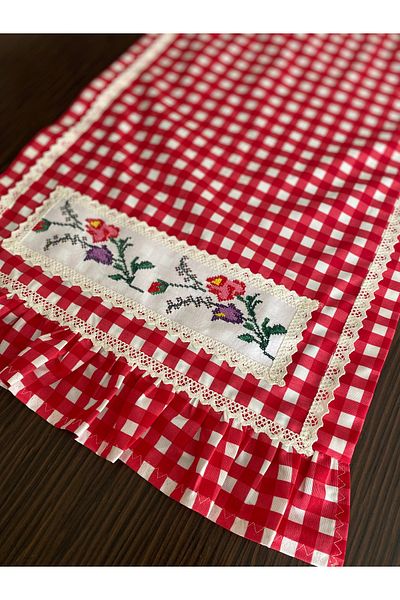 Parla Life Red Gingham Cross Stitch Pattern Frilly Runner (Custom Size and Color Made)