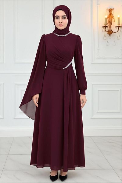 TRENDTESETTÜR Women's Burgundy Chiffon Evening Dress t 9163