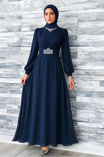 TRENDTESETTÜR Women's Dark Blue Stone Detailed Evening Dress t 0163