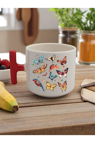 lili hediyelik Butterflies Printed 3-Piece Red Handled Mug Cup Gift Ceramic Mug