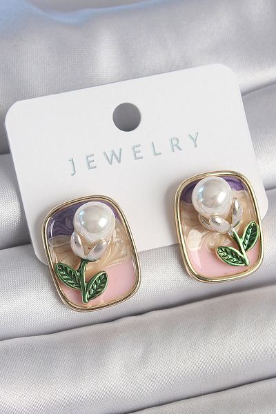 Skygo Brass Gold Color Mix Color Enamel Pearl Flower Model Portrait Model Women's Earrings - Tj-Bkp10505