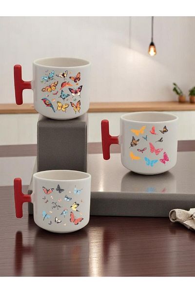 lili hediyelik Butterflies Printed 3-Piece Red Handled Mug Cup Gift Ceramic Mug
