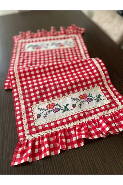 Parla Life Red Gingham Cross Stitch Pattern Frilly Runner (Custom Size and Color Made)