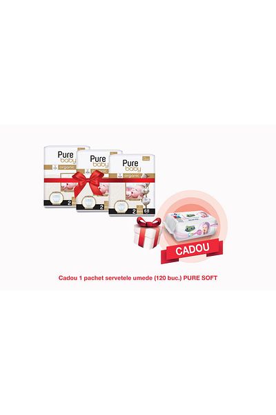 Pure Baby Set De 3 Pachete Nr. 2, 204 Scutece, Cu 1 Pachet De Șervețele Umede, 120 Buc.
